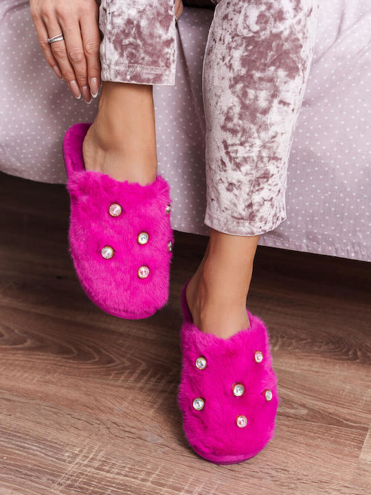 Fuchsia Fluffy House Slippers with Multicolored Crystals