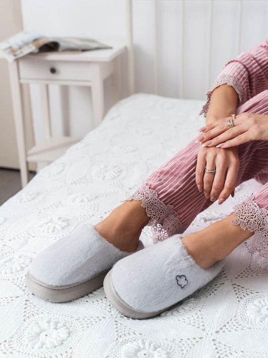 Gray Soft Home Slippers with Embroidered Cloud