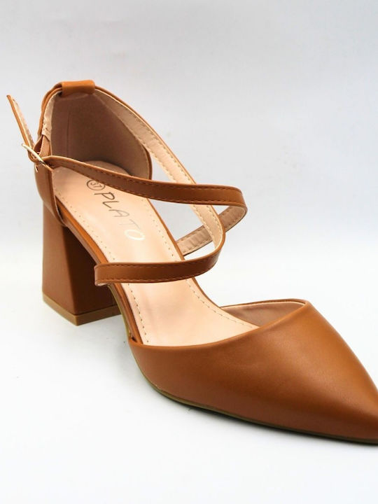 Plato Leather Pointed Toe Brown High Heels with Strap