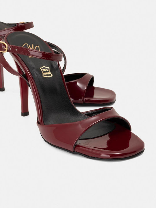 Patent Leather Women's Sandals with Ankle Strap Burgundy with Thin High Heel