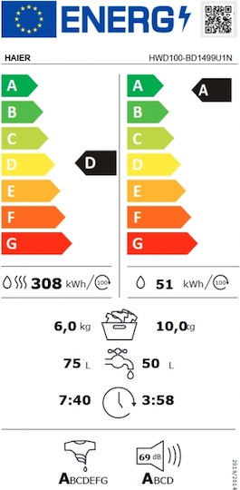 Haier HWD100-BD1499U1N Πλυντήριο-Στεγνωτήριο Ρούχων 10kg/6kg Ατμού 1400 Στροφές με Wi-Fi
