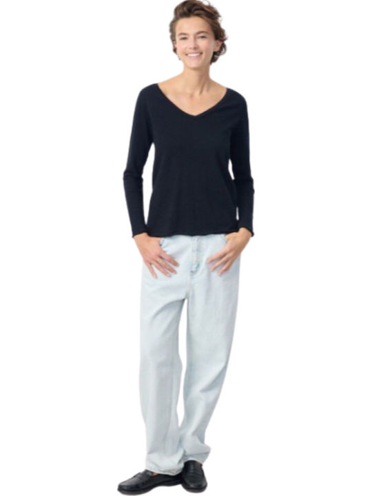 Women's Blouse Cotton Short Sleeve with V Neckline Black