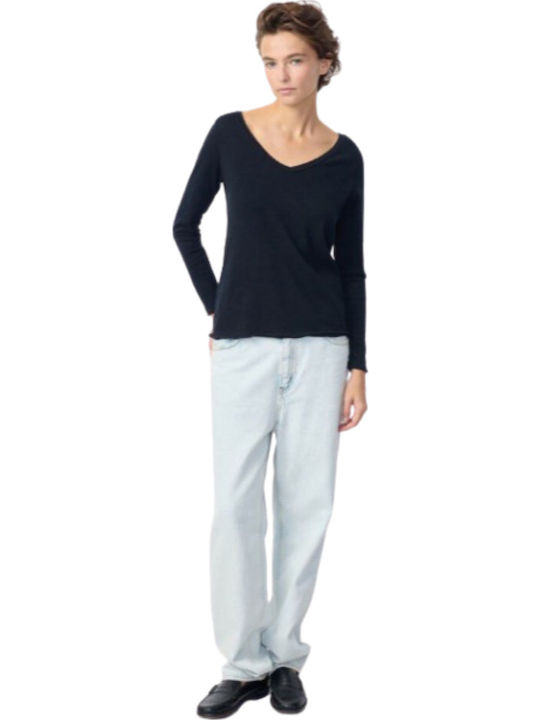 Women's Blouse Cotton Short Sleeve with V Neckline Black