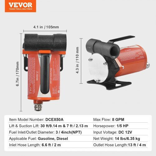 Vevor Fuel Transfer Pump 12v 8 Gpm 1/5 Hp Automatic Diesel Nozzle Fbbmg8gpm16h7quusv9