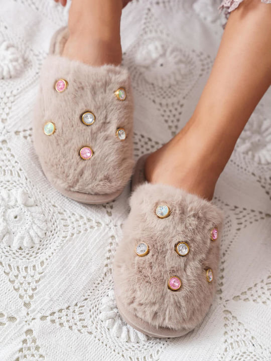 Beige Fluffy Home Slippers with Multicolored Crystals