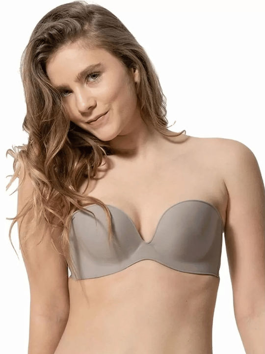 Miracle One Μπέζ-γκρί Strapless Σουτιέν Push Up με Μπανέλες