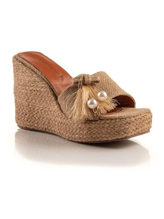 Boxer Women's Leather Platform Wedge Sandals Beige