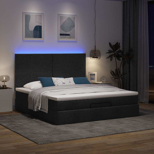 Double Bed Upholstered with Fabric Black with Slats & Mattress 160x200cm