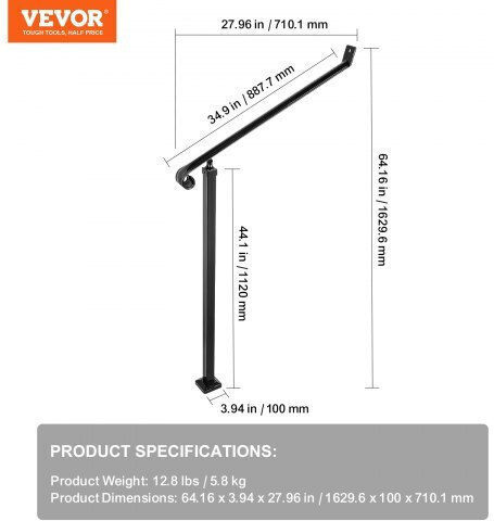 Vevor Σιδερένιο Κουπαστό 40mm 2 Σκαλοπάτια Εξωτερικού Χώρου Ένα Στύλο Στήριξης Ltfs2bbgtymlfs001v0