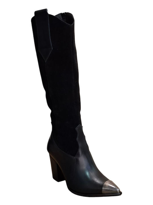 Leder Damenstiefel mit hohem Absatz Schwarz