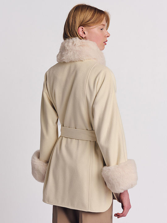 Forel Women's Short Half Coat with Belt and Fur ASPRO