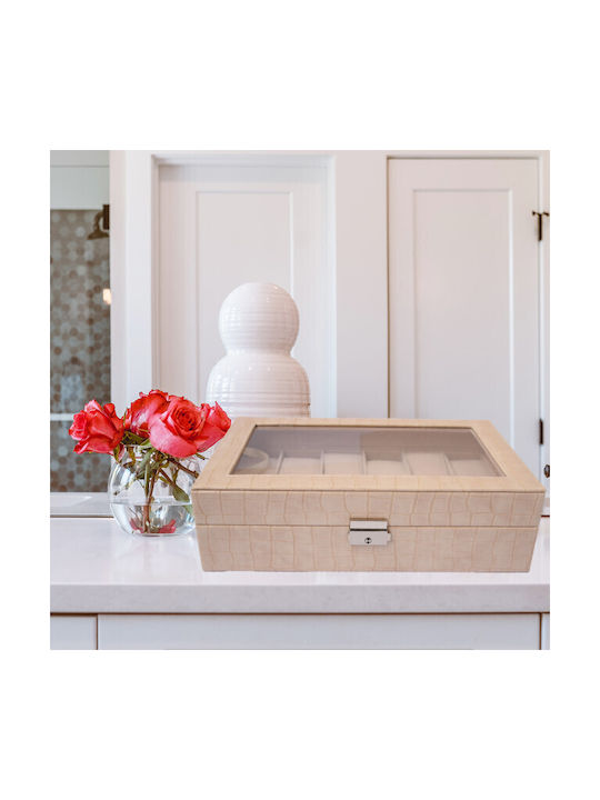 Elegante Aufbewahrungsbox mit Fächern 12 Uhren Krokodilprägung Creme