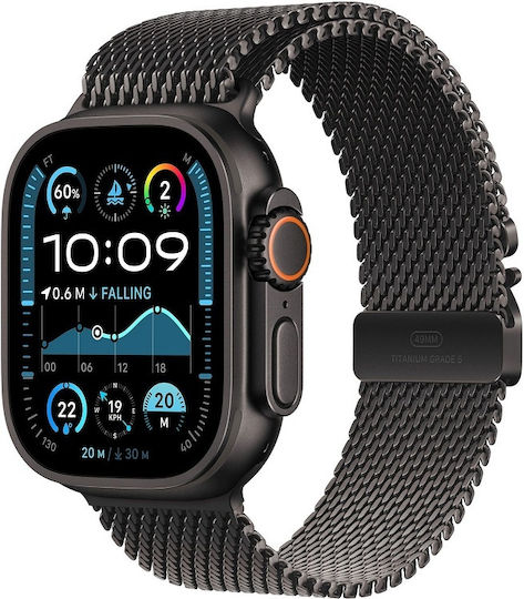 Apple Watch Ultra 2 2024 Titanium 49mm Αδιάβροχο με eSIM και Παλμογράφο (Black με Black Titanium Milanese Loop - Large)