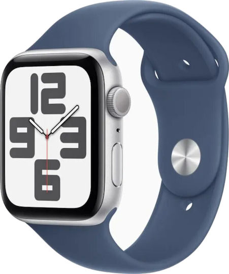 Apple Watch SE 2024 Aluminium 44mm Wasserdicht mit Pulsmesser (Silver with Denim Sport Band (S/M))