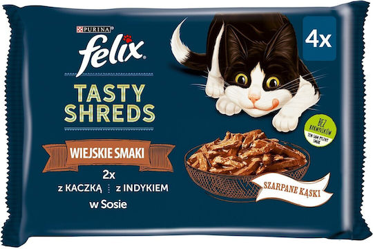 Purina Felix Tasty Shreds Мокра Храна за Възрастни Котки в Чантичка с Турция и Патица 4x80гр