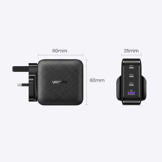 Ugreen Charger Without Cable GaN with USB-A Port and 3 USB-C Ports 65W Power Delivery / Quick Charge 2.0 / Quick Charge 3.0 / Quick Charge 4+ / Quick Charge 4.0 Blacks (CD224)