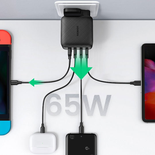 Ugreen Charger Without Cable GaN with USB-A Port and 3 USB-C Ports 65W Power Delivery / Quick Charge 2.0 / Quick Charge 3.0 / Quick Charge 4+ / Quick Charge 4.0 Blacks (CD224)