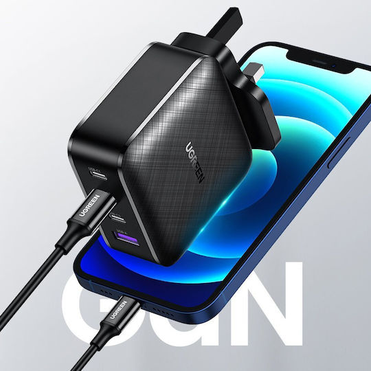 Ugreen Charger Without Cable GaN with USB-A Port and 3 USB-C Ports 65W Power Delivery / Quick Charge 2.0 / Quick Charge 3.0 / Quick Charge 4+ / Quick Charge 4.0 Blacks (CD224)