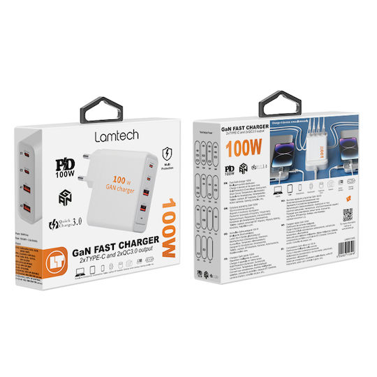 Lamtech Φορτιστής Χωρίς Καλώδιο GaN με 2 Θύρες USB-A και 2 Θύρες USB-C 100W Λευκός (LAM113416)