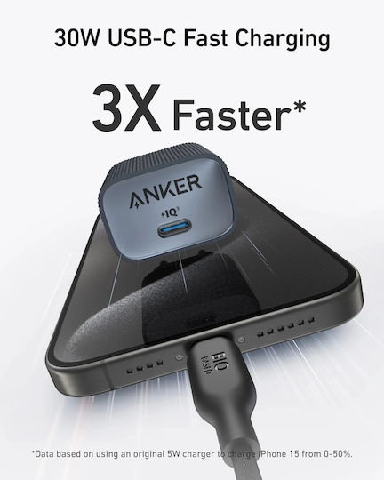 Anker Φορτιστής Χωρίς Καλώδιο GaN με Θύρα USB-C 30W Power Delivery Μαύρος (Nano 4)