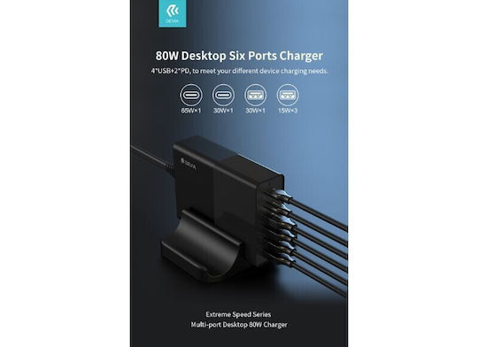 Devia Βάση Φόρτισης με 4 Θύρες USB-A και 2 Θύρες USB-C 75W Power Delivery σε Μαύρο χρώμα (DVCH-359446)