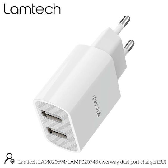 Lamtech Φορτιστής Χωρίς Καλώδιο με 2 Θύρες USB-A Λευκός (LAM020694)