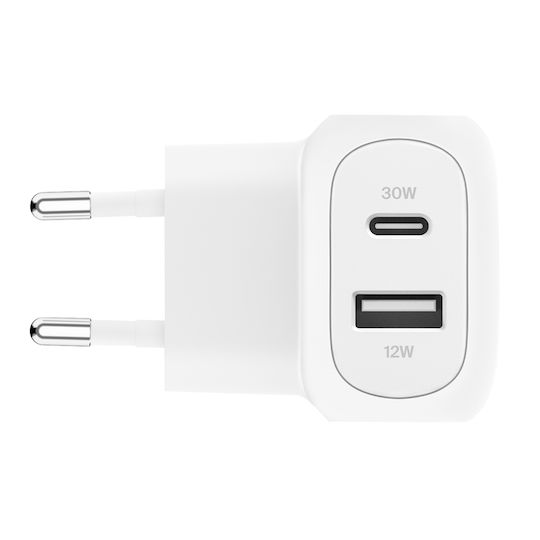 Belkin Φορτιστής Χωρίς Καλώδιο με Θύρα USB-A και Θύρα USB-C 42W Λευκός (BOOST Charge)