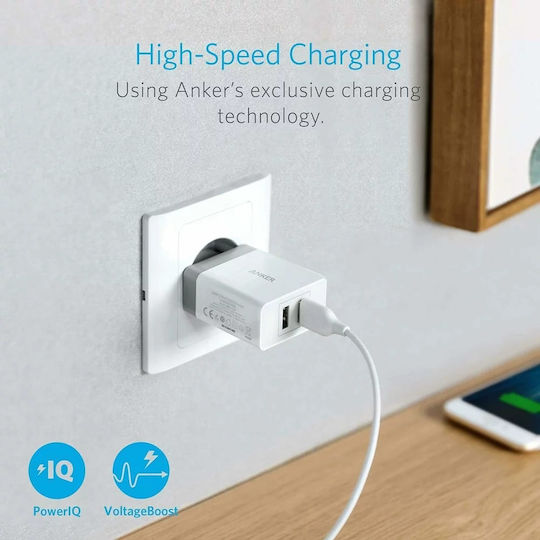 Anker Charger Without Cable with 2 USB-A Ports 24W Whites (PowerPort)