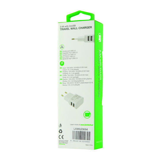 Lamtech Φορτιστής Χωρίς Καλώδιο με 2 Θύρες USB-A Λευκός (LAM020694)