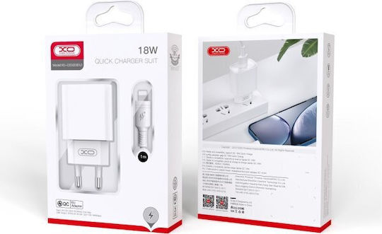 XO Charger with USB-A Port and Cable Lightning 18W Quick Charge 3.0 Whites (CE02D)