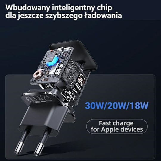 Usams Charger Without Cable with USB-C Port 30W Power Delivery Blacks (T45)