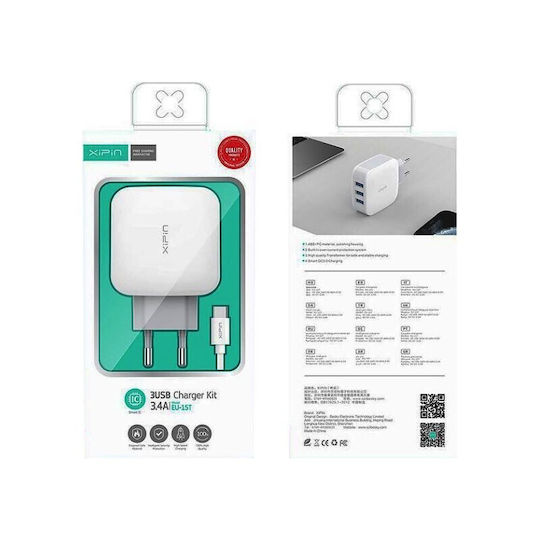 Xipin Φορτιστής με 3 Θύρες USB-A και Καλώδιο USB-C Λευκός (EU-15T)