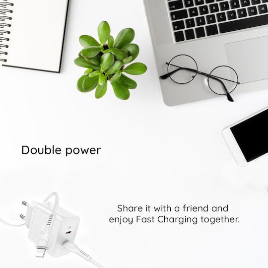 Hoco Φορτιστής με 2 Θύρες USB-C και Καλώδιο USB-C - Lightning 45W Power Delivery Λευκός (N35)