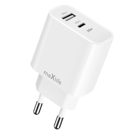 Maxlife Incarcător Fără Fir Cu Port USB-A și Port USB-C 20W Livrarea Energiei Alb