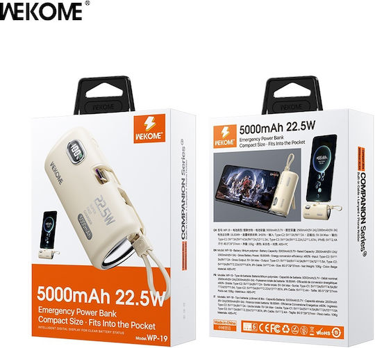 WK WP-19 Power Bank 5000mAh 22.5W με 2 Θύρες USB-C Μπεζ