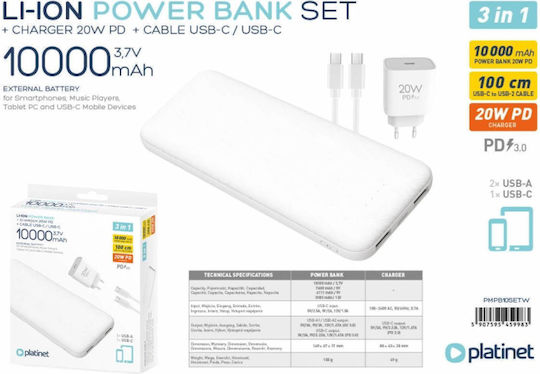 Platinet Set Power Bank 10000mAh 20W με 2 Θύρες USB-A και Θύρα USB-C Power Delivery Λευκό