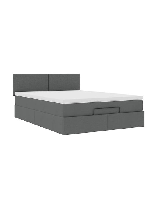 Double Bed Upholstered with Dark Gray Fabric with Slats & Mattress 140x190cm