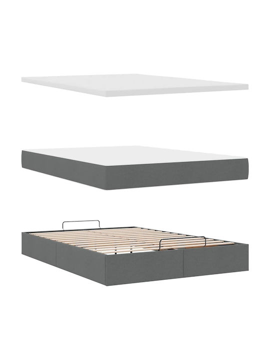 Double Bed Upholstered with Dark Gray Fabric with Slats & Mattress 140x190cm