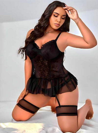 Set Lenjerie Mărime Mare Cu Portjartier Femei Negru J-78