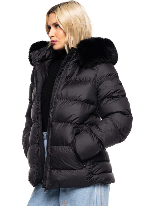 Women's Short Puffer Jacket for Winter with Detachable Hood Black
