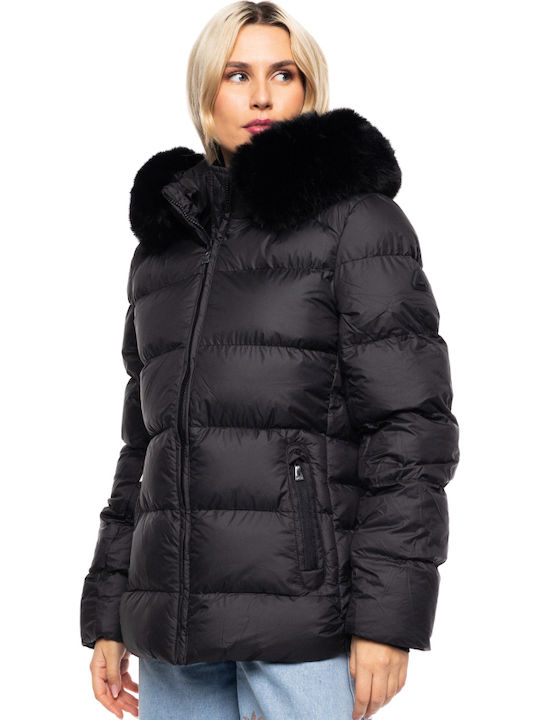 Women's Short Puffer Jacket for Winter with Detachable Hood Black