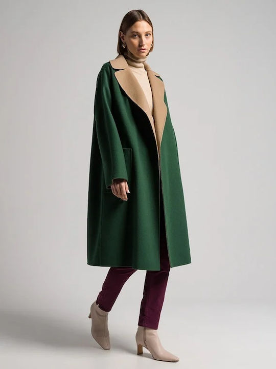Wool Women's Dark Green / Beige Coat