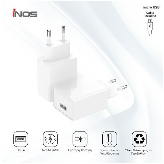 iNOS Mobile Phone Charger with USB-A Port and micro USB Cable 12W White