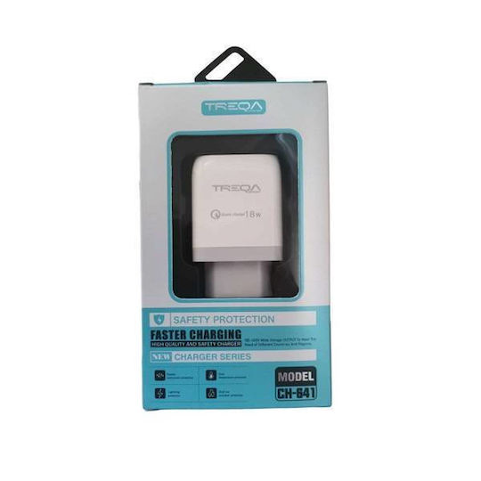 Treqa Ladegerät ohne Kabel mit USB-A Anschluss 18W Schnellaufladung 3.0 Weißs (CH-641)