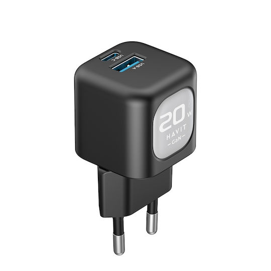 Havit Φορτιστής Χωρίς Καλώδιο GaN με Θύρα USB-A και Θύρα USB-C 20W Μαύρος (UC220)