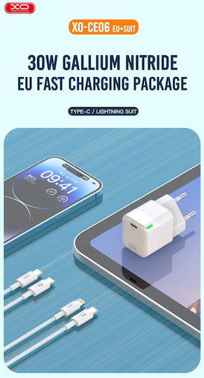 XO с USB-C порт и кабел USB-C - Lightning 30W Power Delivery Бял (CE06)