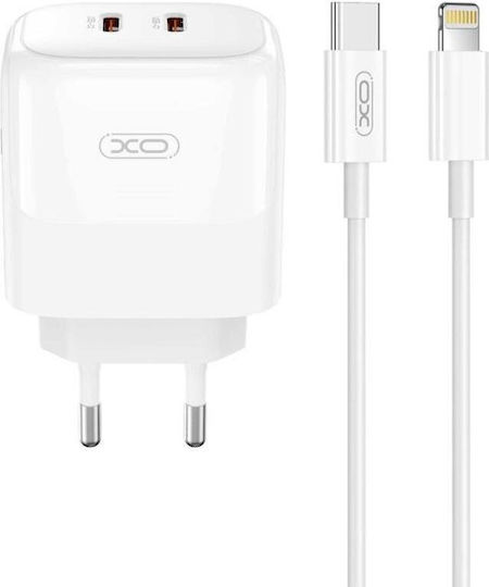 XO Ladegerät GaN mit 2 USB-C Anschlüsse und Kabel USB-C - Lightning 35W Weißs (L140)
