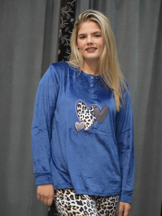 Caress Winter Women's Pyjama Set Fleece Blue, Leopard