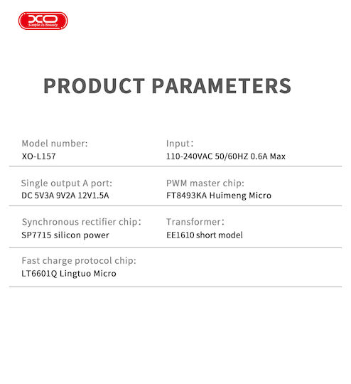 XO Charger with USB-A Port and Cable USB-C 18W Quick Charge 3.0 Whites (L157)