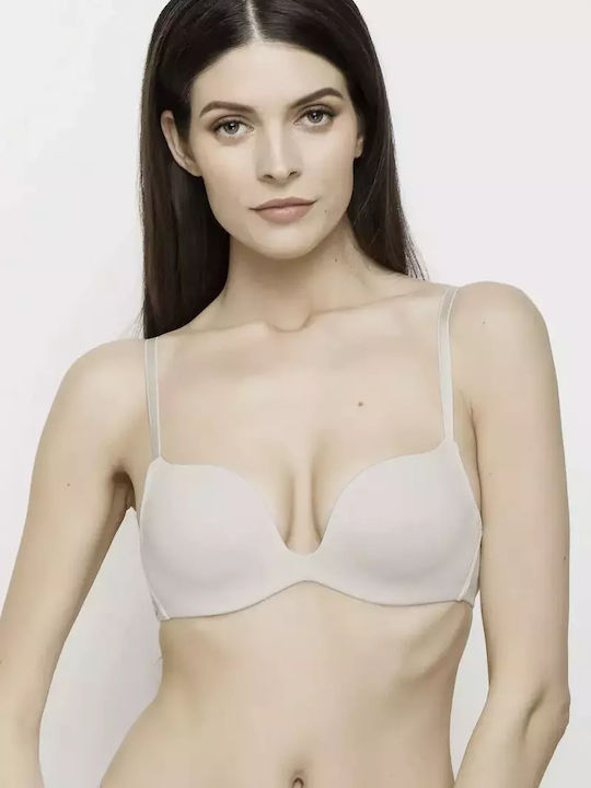 Μπεζ Strapless Σουτιέν Push Up χωρίς Μπανέλες